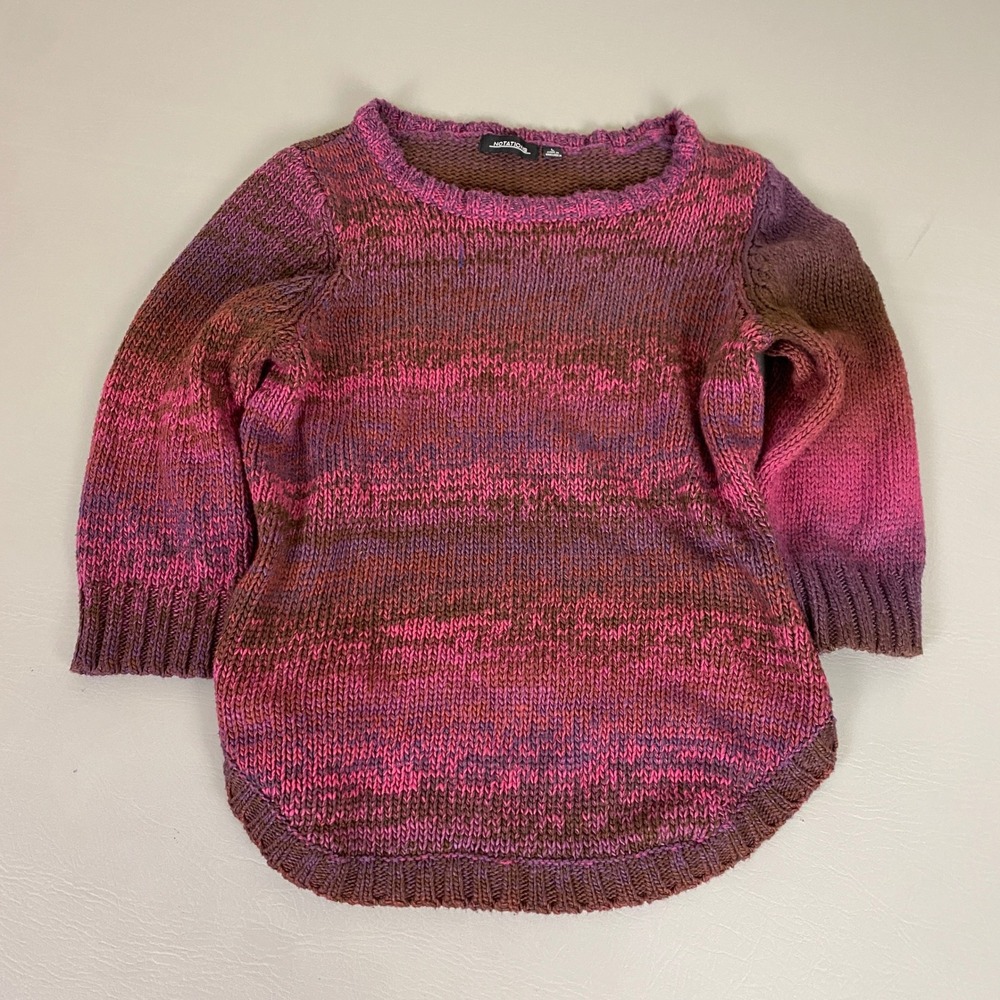 NOTATIONS Sweater Women's Large Ombre‎ Knit Pink Brown 3/4 Sleeve Boat Neck